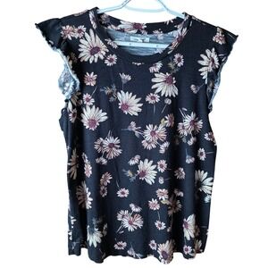 Maurices Women's Floral Flutter Sleeve Knit Top Black Daisy Print Size L